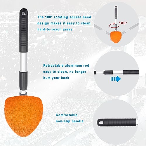 Ziciner Car Windshield Cleaner, Microfiber Auto Cleaning Wiper with Aluminum Extendable Handle and 2 Washable Reusable Cloth Pad Head, Universal Vehicle Interior Exterior Cleaner Kit (Orange-Triangle) - size: Orange-Triangle