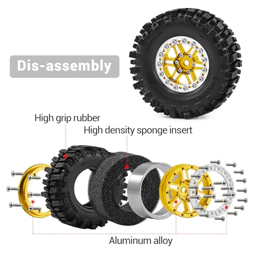 1.3" Wheel Tires Aluminum Wheel for 1/18 1/24 SCX24 TRX4M Upgrade RC Crawler Car (golden) - color: golden