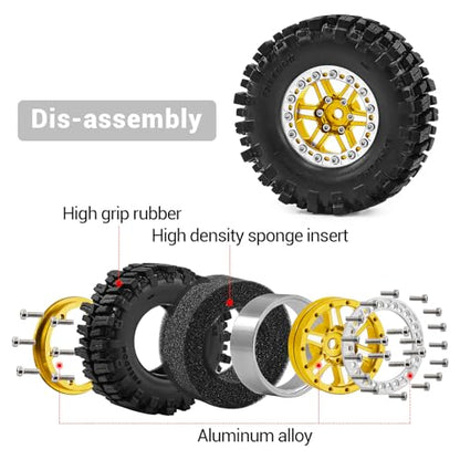1.3" Wheel Tires Aluminum Wheel for 1/18 1/24 SCX24 TRX4M Upgrade RC Crawler Car (golden) - color: golden