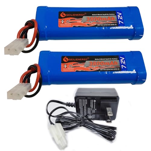 7.2V 3800mAh 6-Cell NiMH Battery for RC Cars Hobby Battery with Tamiya Connector for Car Truck Truggy Buggy Tank Airplane Helicopter Boat Racing (2 Pack) + 1PCS 7.2V Charger - size: 2 PACK 3800mAh Batteries+ 1PCS Charger