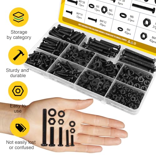 225pcs Screws and Nuts Assortment Kit,M4 M5 M6 Phillips Pan Head Assorted Nuts and Bolts,Washers Kit for Headboard, Wall Plate Switch, Receptacles Mounting Screws Black - size: B M4M5M6 225pcs