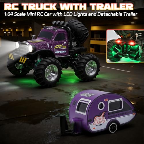 Snugzy Mini RC Car 1:64 Scale RC Truck for Kids with Trailer 2.4Ghz Remote Control Rechargeable RC Cars Toy Gifts for Boys Girls Adult (Purple) - color: Purple