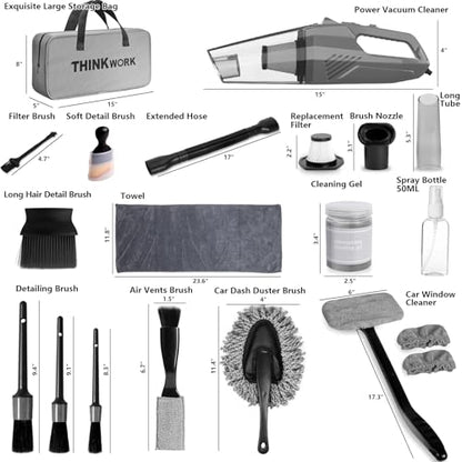 THINKWORK Car Cleaning Kit, Car Vacuum Kit, Gray Car Interior Detailing Kit with 8000PA High Power Vacuum, Including 7Pcs Detailing Brush Set and Bag - color: Gray