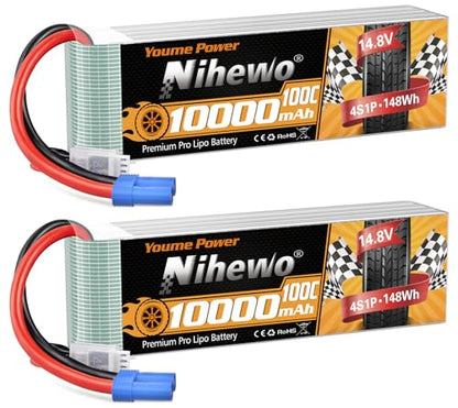 4S Lipo Battery EC5 14.8V 10000mAh 100C Soft Case 2Packs for RC Car | 10000mah 14.8v lipo High discharge 100C for RC Racing Car/Truck Boat Airplane Drone.Lightweight Easy Connection Long Run Time - style: 2x 14.8V 10000mAh