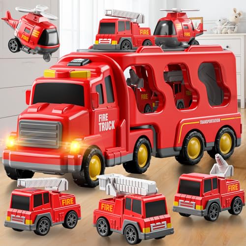 JUKUDAHU Fire Truck Toys for Kids Ages 3-5 - Carrier Vehicle Toy Set | Car Toys for Boys Ages 3+, Fire Toys, Kids Toys Truck Set for Ages 3-9, Birthday Gifts for Boys Girls - style: 5 IN 1 Fire Truck