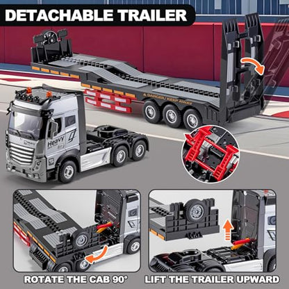 9 Channel RC Semi Truck Metal Cab, 2.4Ghz Remote Control Truck and Trailer | RC Tow Truck Construction Vehicle with Lights and Sounds, Birthday Gift for Kids Boys 14.6"