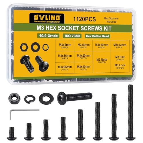 1120PCS M3 Bolt Assortment Kit, Hex Socket Button Head Screws Nuts Bolts Washer Assortment Kit 10.9 Grade Alloy Steel Black Oxide M3 x 6/8/10/12/16/20/25/30mm - size: M3 1120PCS Button Black
