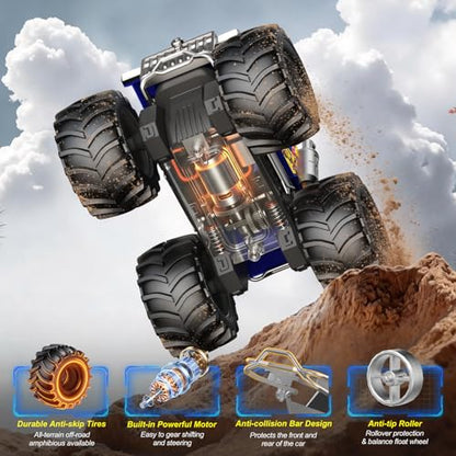 Amphibious Monster Truck Toy for Boy, 1:18 Remote Control Car with LED Eyes | 2.4 GHz Waterproof RC Cars, 360° Rotating, 4WD All Terrain RC Truck, Pool, Land, Outdoor Kids Toys, Boy Birthday Gift Ages 6+ - color: Blue/Yellow