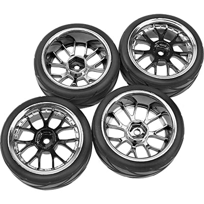 4Pcs HIRCQOO OD 2.55" 1/10 On Road Rubber Tires & 12mm Hex Hub Plastic Wheel Rims Compatible with Traxxas HSP Tamiya HPI Kyosho Redcat 1/10 On-Road Touring Car