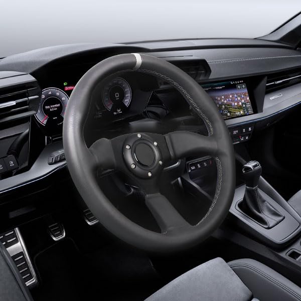 350mm Gray Stripe Racing Steering Wheel Black Genuine Leather Grip 6 Bolts Sport Steering Wheel with Horn Button Gray Stitching - color: Gray Stripe