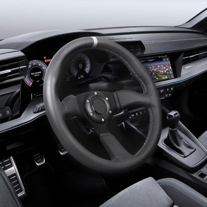 350mm Gray Stripe Racing Steering Wheel Black Genuine Leather Grip 6 Bolts Sport Steering Wheel with Horn Button Gray Stitching - color: Gray Stripe