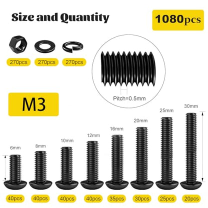 1080PCS M3 Screws Assortment Kit, M3x6/8/10/12/16/20/25/30 mm Hex Button Head Screw, Nuts & Washers Assorted Set - 10.9 Alloy Steel Black Zinc Plated Bolts for 3D Printer, DIY - size: M3 1080pcs