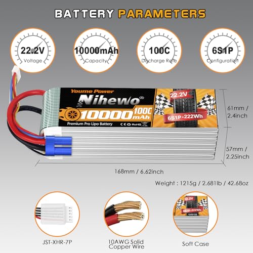 6S Lipo Battery,2Packs 22.2V 10000mAh RC Battery Soft Case 100C with EC5 Plug Compatible with RC Car Truck Tank Plane Drone Boat Models