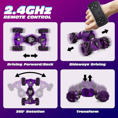 Tecnock Remote Control Car for Boys Girls, 2.4GHz 4WD Gesture Sensing RC Stunt Car Toys - 360° Rotating Double Sided Hand Controlled RC Cars with LED Lights, Gifts for Kids Ages 6-8, 8-12 - color: Purple