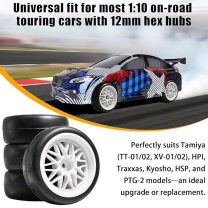 OD 2.55" On Road Rubber Tires Nylon Wheels- 12mm Hex for 1/10 RC Racing Car | Compatible with MJX HSP Tamiya HPI Kyosho Traxxas Sakura Redcat WLtoys 1/10 RC On-Road Racing Touring Car (4pcs, White) - style: A-White