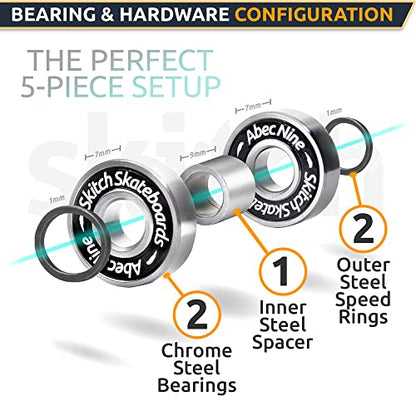 Precision Fast Spin Bearings Set | 8 Pack 608 2RS ABEC 9 Chrome Steel Deep Groove Ball Bearing Set for Skateboards, Longboards, Inline Skates, Scooters | + Washers + Spacers | 8mm x 22mm x 7mm