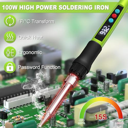 Soldering Iron Kit, 100W Soldering Gun with LED Digital Display, Adjustable Temperature 356-932℉ Solder Kit for Electronics, Includes Soldering Iron Tip, Solder Wire, Stand, Tweezers and Paste, Green - color: Green