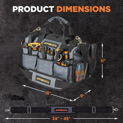 Arbon Electrician Tool Bag, Heavy Duty Tool Organizer, 34 Pockets, 52+ lb | Large storage for men, 5-layer reinforced walls, metal frame, hard molded base, water resistant polyester PP plastic, gray