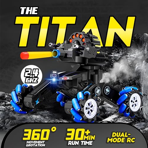 RC Tank that Shoots, Gesture Sensing RC Tank for Boys 8-12 | Hand Gesture & Remote Drift Remote Control Trucks, 2.4GHz Battle Soft Bullets, Spray, Music, LED Lights, Kids Gift - color: Blue & Soft Bullets