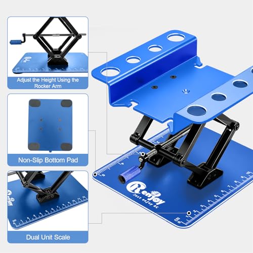 RC Stand Lift Lower with 3-Slot Screw Tray for 1/8 1/10 1/12 Scale, Blue | Aluminum RC Car Work Stand Repair Tool Set for RC Cars Crawler Truck Traxxas TRX4 Axial SCX10 Upgrade - color: Blue, With 3-slot Screw Tray