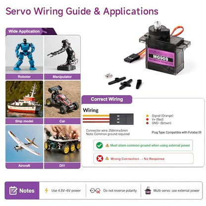 MG90S 9G Micro Servo Motor Metal Gear for RC Plane Robot Arduino (4) | 2.0 kg.cm Torque, 0.08sec/60°Speed. 9 gram Mini Digital 180 Degree Steering Servo Kit for Helicopter Airplane Car Boat Diy