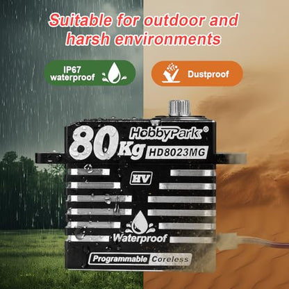 HobbyPark Waterproof 80kg High Torque RC Steering Servo Coreless Motor Digital Servo Standard HV Metal Gear for 1/8 1/10 RC Crawler Car Truck Buggy Basher Short Case 180° Aluminum Case