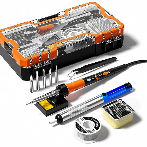 Soldering Iron Premium Kit, 60W Soldering Gun with Ceramic Heater, 12-in-1 Soldering Tool, Adjustable Temperature 200 to 450°C, Includes Soldering Iron Tip, Solder Wire, Pump and Paste - color: ‎orange