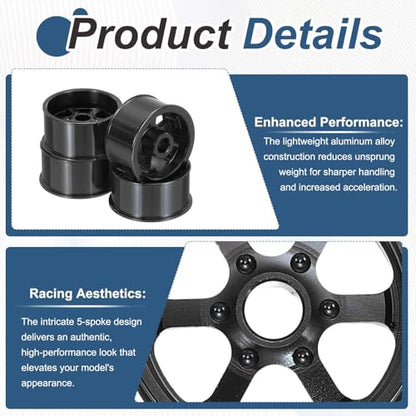 MECCANIXITY 4Pcs RC Car Wheel Rims, 20.5mm Dia 5-Spoke Black Aluminum Alloy Wheel Rims Hex Hub for HSP RC Drift On-road Racing Touring Car - color: Black