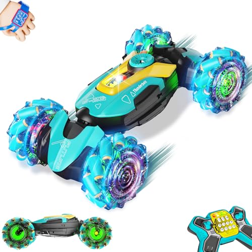 Gesture Sensing RC Stunt Car,Remote Control Car Toys for Ages 5-7-13,with Lights Music Spray,4WD 360° Spins All Terrains Kids Toys RC Cars,3-6 Year Old Boy Birthday Gift & 3-12 Best Gift for Kids - style: SKY