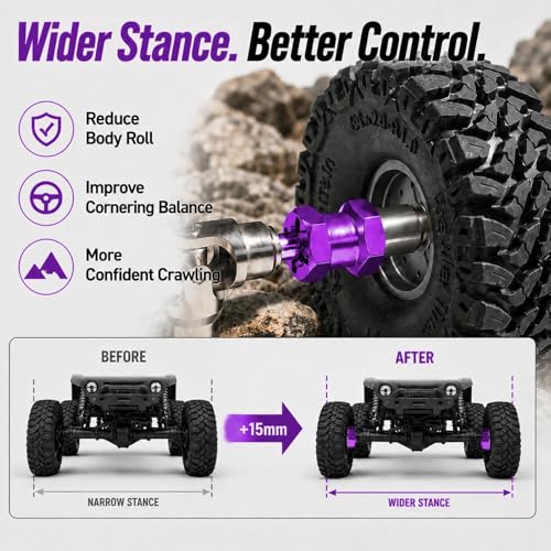 4PCS 12mm Hex Hub 15mm Aluminum Extension Hex for Axial SCX10 D90 90046 | 15mm CNC Wheel Hex Extenders for 1/10 RC Crawlers Redcat Gen7/Gen8 CC01 RC4WD Wider Stance & Tire Clearance with M4 Nuts Pins - color: Purple