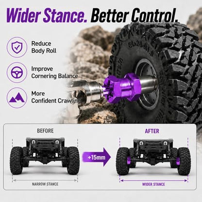 4PCS 12mm Hex Hub 15mm Aluminum Extension Hex for Axial SCX10 D90 90046 | 15mm CNC Wheel Hex Extenders for 1/10 RC Crawlers Redcat Gen7/Gen8 CC01 RC4WD Wider Stance & Tire Clearance with M4 Nuts Pins - color: Purple