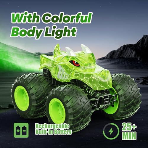 BAODLON RC Monster Trucks Toys for 3 4 5 6 7 8 Years Old Boys Kids, 2.4GHz Remote Control Monster Car, All Terrain RC Truck Off Road with Spray & Light, Rechargeable Battery, Christmas Birthday Gifts - style: Dinosaur-green