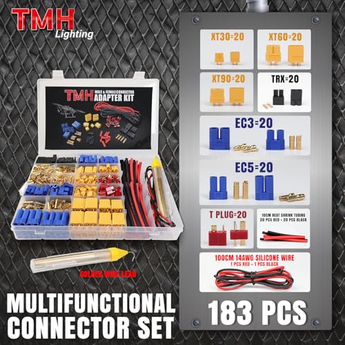 TMH 183 Pcs T-Plug EC3 EC5 XT30 XT60 XT90 TRX-Plug Male & Female Adapter Connector Kit with Silicone Wire and Heat Shrink Tubing for RC ESC Lipo Battery Motor (Total 183 PCS) - size: 183 Pcs