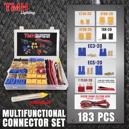 TMH 183 Pcs T-Plug EC3 EC5 XT30 XT60 XT90 TRX-Plug Male & Female Adapter Connector Kit with Silicone Wire and Heat Shrink Tubing for RC ESC Lipo Battery Motor (Total 183 PCS) - size: 183 Pcs