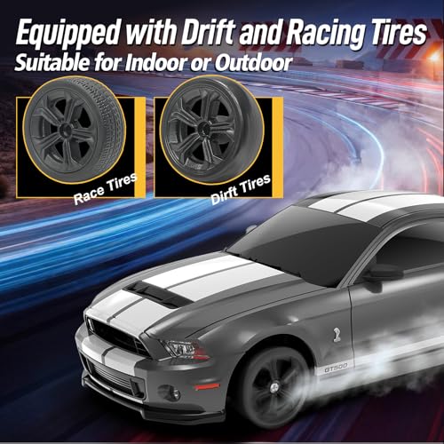 YONCHER RC Drift Car, Remote Control Car for Kids Ford Mustang Shelby GT500 Officially Licensed, 1:24 20KM/H 4WD RC Cars with Lights, Fast Racing Toy Car for Boys Girls, Gray - color: Gt500 Gray