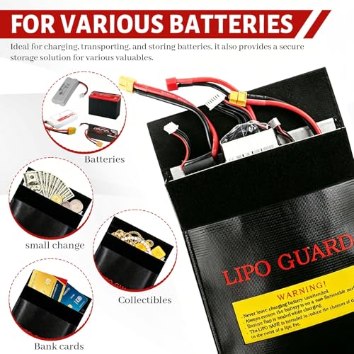4 Pack Lipo Safe Bag for Battery Storage and Charging, Black Double Layer High-Density Fabric Protective Pouch with Hook-and-Loop Closure, Portable Organizer for Phone, Cards, Cash and Travel (Black)