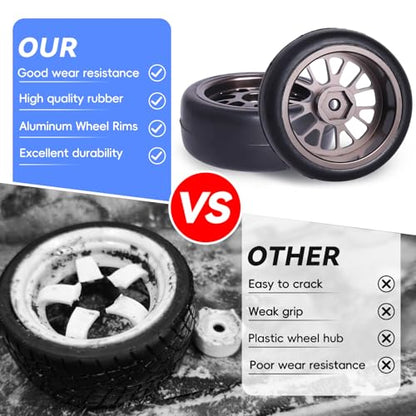 PreGlued Aluminum 12mm Hex Wheel Rims Metal and 2.56" Rubber Tires for 1/10 On-Road Touring Car RC Drift Car, Set of 4 (Edition B)