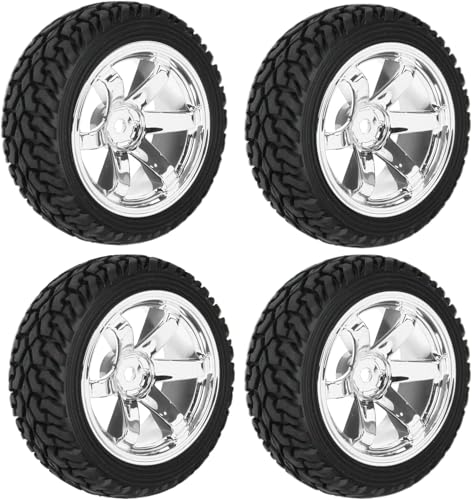 4PCS 75mm Rubber Tires and 6Spokes Plastic Wheel Rims Tyre for 1/10 RC On-Road Drift Racing Car 1:14 1:16 Rally Car for Tamiya Kyosho HPI HSP TT02 Upgrades Parts (Silver) - color: Silver