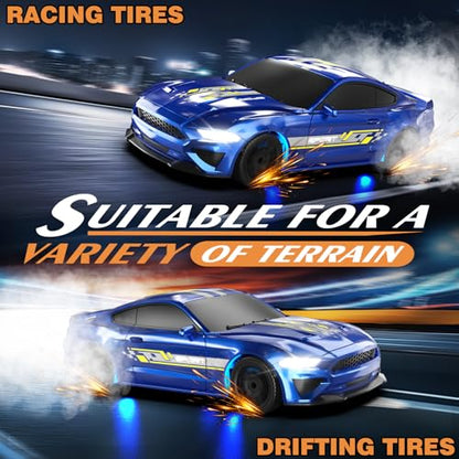 RC Drift Car 1/43 Scale Mini RC Drift Cars with Gyro, 4WD Full Proporitonal High Speed Remote Control Car with LED Lights and Drifting Tires Hobby Racing Cars for Adults Kids Boys Girl, Blue - color: Blue
