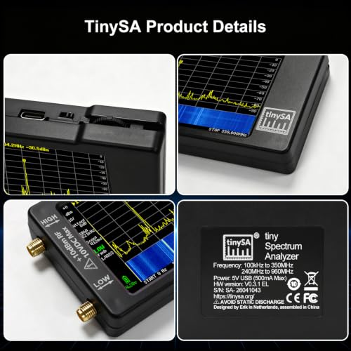 Portable Tinysa Spectrum Analyzer, AURSINC V0.3.1 Handheld Frequency Analyzer, Signal Generator 100kHz to 960MHz MF/HF/VHF UHF Input ESD Protected Function with 2.8 inch Touchscreen