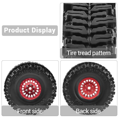 1.0" Aluminium Beadlock Wheels and Tires 64x23mm for 1/24 Axial SCX24, 1/18 TRX4M RC Crawler – Upgrade Parts (Red, 4pcs) - color: Red