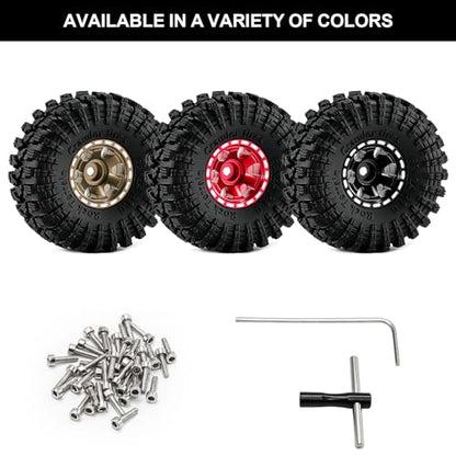 1.0" Beadlock Aluminum Wheels and 63mm Soft Rubber Tires | for SCX24, TRX4M, Ascent 18, FCX24, 1/18 1/24 RC Crawler, 7mm Hex, 0mm Offset, with Foam Inserts, (Red 345) - color: Red 345