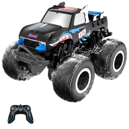 STEMTRON RC Monster Truck 1:20 All Terrain Off-Road Amphibious RC Car | Waterproof Car Toy Gifts 2.4GHz 360° Rotation Remote Control Boat Vehicle Toy Pool Beach Sand for Kids Boys Girls - color: Blue Truck, size: 1:20 Scale