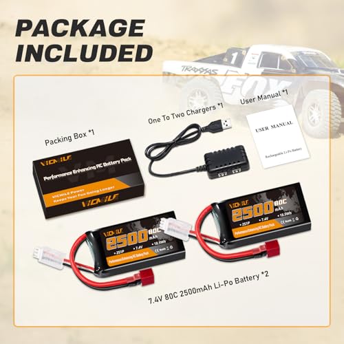2S Lipo Battery 2500mAh 7.4V 80C High Discharge Rate Shorty Pack RC Batteries with Dean-Style T Plug Fit for RC Airplane FPV Quadcopter Helicopter Drone Racing RC Hobby Model with 1TO2 Charger - style: Dean-Style T