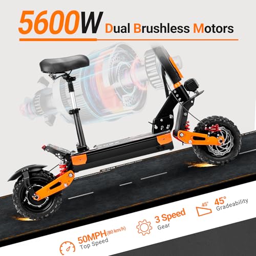 ZSNAKE Electric Scooter for Adults High Power 5600W Dual Motors Top Speed 50 MPH, 60V 30Ah Battery 60+ Miles Range, 11" Tubeless Off-Road Tire Sports Folding E-Scooter with Seat