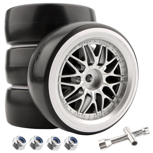 4PCS 1/10 Scale Hard Plastic RC Drift Tires - 12mm Hex Hub On-Road Touring Racing Wheels Compatible with Traxxas 4 Tec 2.0 Tamiya TT01 XV01 Kyosho WR8 Sakura WLtoys HPI Touring Racing Car