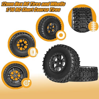 12mm Hex RC Wheels and Tires for Traxxas Slash 4x4 2WD Arrma Senton Tires and Wheels Preglued 1/10 RC Short Course Truck Tires and Wheels with Foam Inserts 4PCS for Redcat HPI HSP Tires