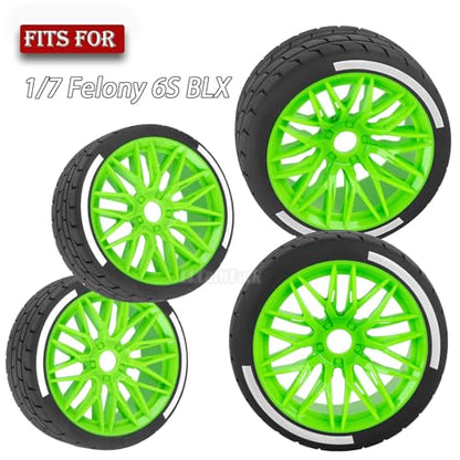 RC Wheels and Tires for 1/7 Felony 6S BLX,RC Highway Wheel Rubber Tires,4PCS RC Drift Car Highway Tires Road Soft Tires,Green - color: Green - (4pcs Highwaytires)