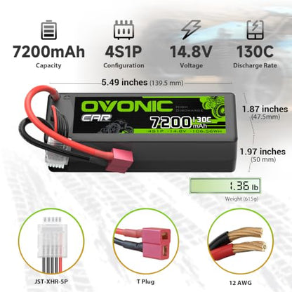 OVONIC 4S LiPo Battery 7200mAh 14.8V 130C RC Battery with Dean-Style T Connector