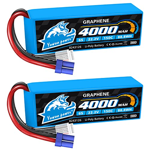 Yowoo 2 Pack 6S 22.2V 4000mAh 150C Graphene LiPo Battery EC5 | Fits Goblin, Align, Gaui helis, RC airplanes, cars, trucks, tanks and drones
